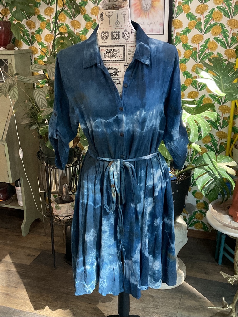 Blue Tie-Dye Midi Shirt Dress with Waist Tie
